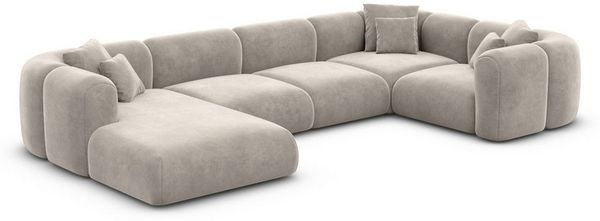 Sofa Dreams Wohnlandschaft Venturia U Form Stoffbezug Ottomane, 6-Sitzer, Polstersofa, Lounge, Design, Samtstoff Bezug in Sand