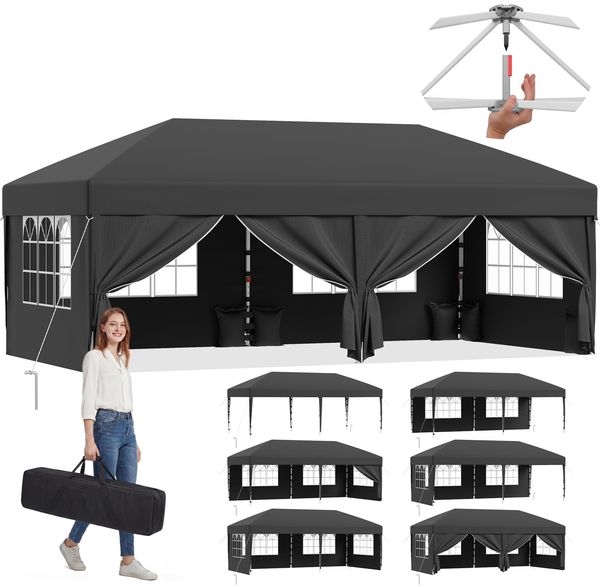 JUMMICO Pop up Pavillon 3x6 wasserdicht stabil Winterfest, One-Touch-Aufbau, Faltpavillon mit Seitenwänden, UV 50+, Shelter ideal für Garten, Innenhof, Camping und Partyzelte. Dunkelgrau