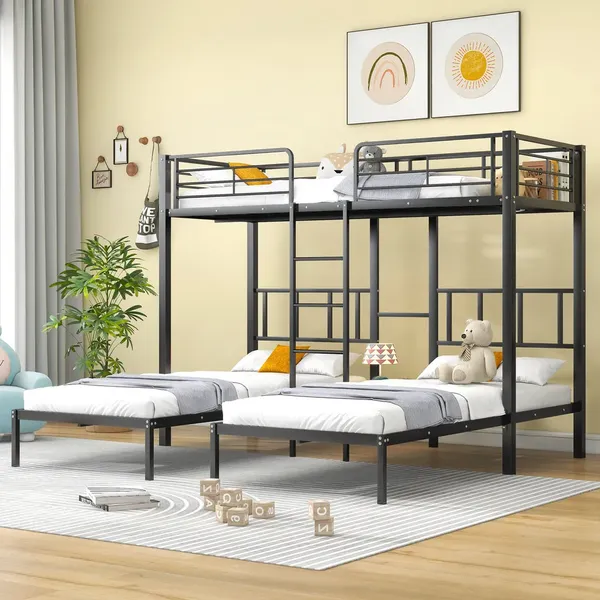 Etagenbett mit Rausfallschutz, 3 Schlafgelegenheiten und Lattenrost, 90x200 cm, Metallbett