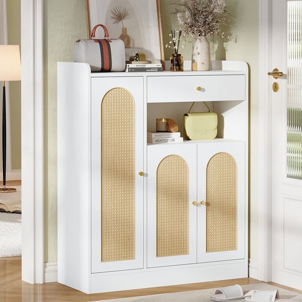 Flieks Schuhschrank Rattan Schuhkommode mit verstellbaren Einlegeböden (B90/T35/H110 cm, 1-St, Schrank für Wohnzimmer, Esszimmer, Flur, Schlafzimmer) Mehrzweckschrank Schuhregal mit 1 Schubladen und 3 Türen Weiß