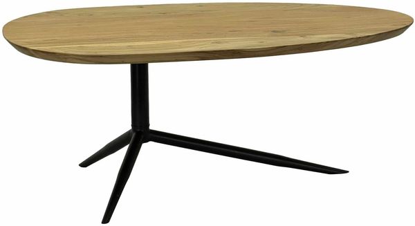 Couchtisch Akazie Massivholz oval 87cm · Ovaler Design Wohnzimmertisch mit schwarzem Metallgestell · Moderner Sofatisch handgefertigt