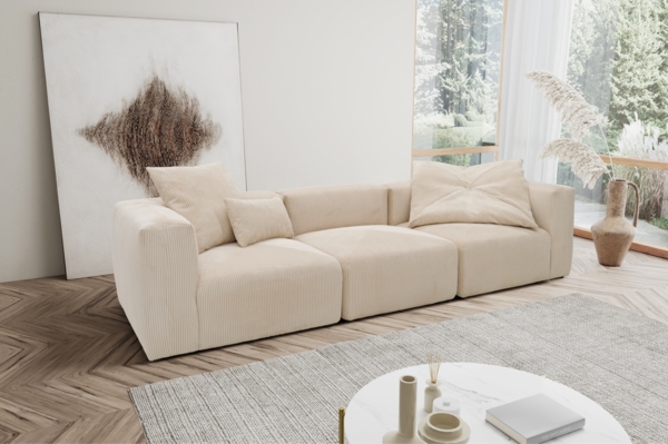 DOMO. collection Sofa 800011, 3 Sitzer, Rechteckig, individuell kombinierbar, Cord 3er Couch, modular, Polstergarnitur, 301 x 108 x 69 (BxTxH), creme