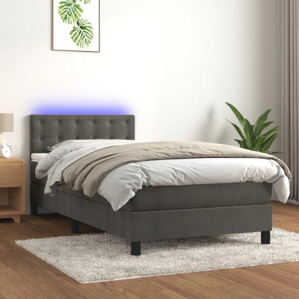 vidaXL Boxspringbett mit Matratze & LED Dunkelgrau 90x200 cm Samt, Härtegrad: H2 [3134622]