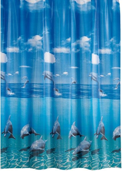 Ekershop Duschvorhang Textil Delfin Blau " Delphin im Meer " für Duschstange Breite 120 cm (inkl. Ringe), Höhe 200 cm, wasserabweisend, waschbar, bügelbar
