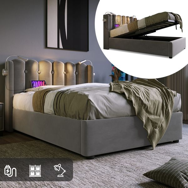 Polsterbett 90x200 cm aus Samt mit Bettkasten, Leselampe und Ladefunktion – modernes Design für das Schlafzimmer