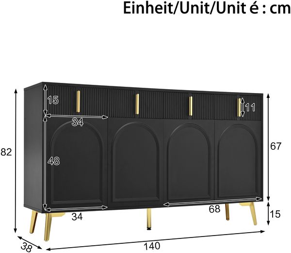 Sideboard 140 x 38 x 82 cm aus MDF, schwarz mit 4 Türen & 4 Schubladen, Goldakzenten Bild 4