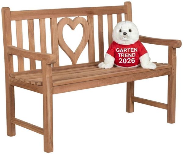 MR. DEKO Gartenbank Teak Herz 120 cm – massiv & romantisch für zwei Verliebte (2-Sitzer Bank, zerlegt geliefert, ideal für Terrasse, 1-St), Massive Sitzbank Garten und Balkon, 250 kg belastbar