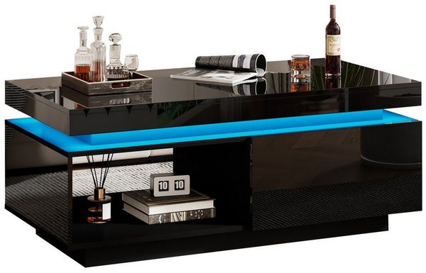 Merax Couchtisch hochglanz Sofatisch Beistelltisch mit LED-Beleuchtung (1-St), Wohnzimmertisch mit Schublade und Stauraum, Breit: 100cm
