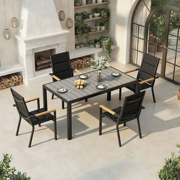 HOMALL Garten-Essgruppe 150/180cm Holzoptik Aluminiumtisch und Gartenstühle mit Holzarmlehnen, (5-tlg), Stapelbare Gartenstühle bis 160kg, rostfreier Aluminiumtisch bis 100kg