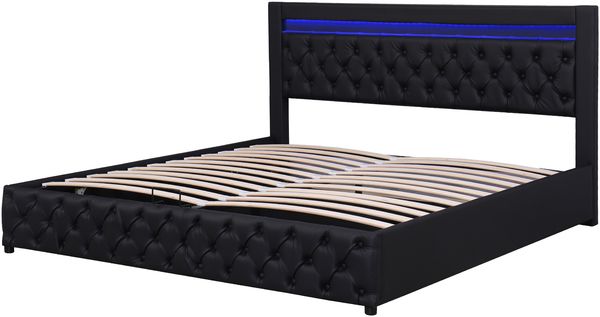 Polsterbett 160x200cm, LED, Lattenrost, Stauraum, PU, Schwarz Bild 3