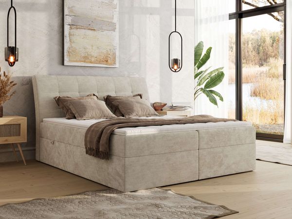 Boxspringbett DAGOS 120 x 200 cm mit Kopfteil, Lattenrost und Stauraum – Doppelbett mit Matratze & Topper Visco , stabile Konstruktion, Bettkasten, modernes Design - Beige Schenille glatt - H3