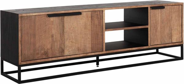 TV Board Cosmo aus Teakholz, Industrial Design, Natur, Metallgestell, 165 cm breit