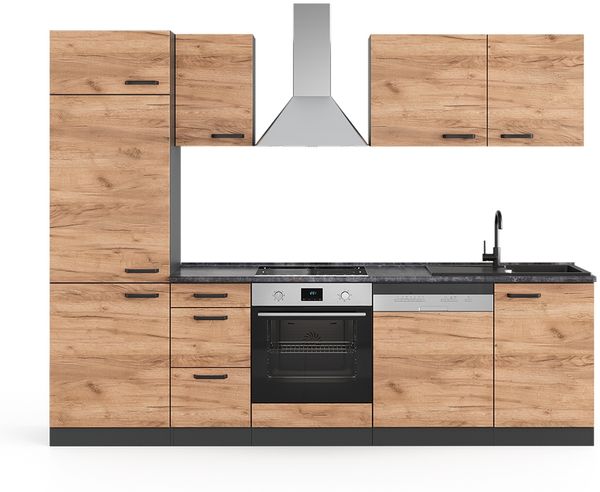 Küchenzeile Optima Goldkraft Eiche/Anthrazit 270 cm ohne Arbeitsplatte, mit Hochschrank Vicco