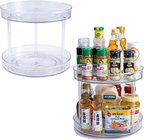 SURFOU Gewürzregal 2 Ebenen Drehteller Organizer, 360° Kühlschrank Drehplatte, Lazy Susan, kühlschrank organizer fridge organizer 360° Drehteller, Multifunktionales Regal, Kosmetik- und Parfümaufbewahrung 1-tlg, 2 Etagen-Diameter 27CM, Küchen Organizer