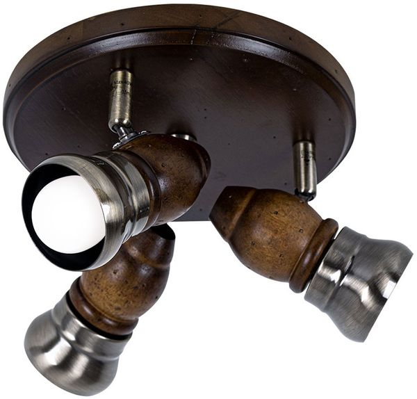 Deckenleuchte, Holz dunkel, messing, Spots beweglich, D 24 cm