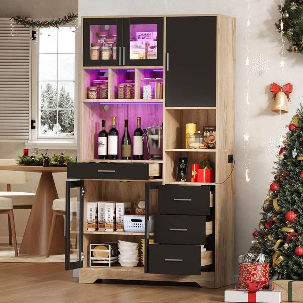 Merax 185cm Küchenregal, Bauernhaus-Stil Vintage Hochschrank, Aufbewahrungsschrank, Vitrinenschrank, verstellbare Regale, farbwechselnde LED-Leuchten und Steckdose, Natur