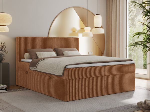 Boxspringbett mit Kopfteil und Topper Visco, Cord Bett - TILIANO - 140 x 200 cm - Orange Cord - H3