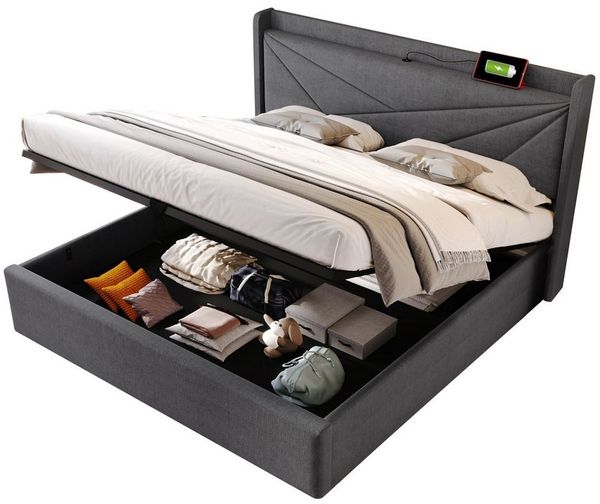 Flieks Polsterbett, Massivholz Stauraumbett mit USB/Typ-C Ladeanschluss 180x200cm Leinen