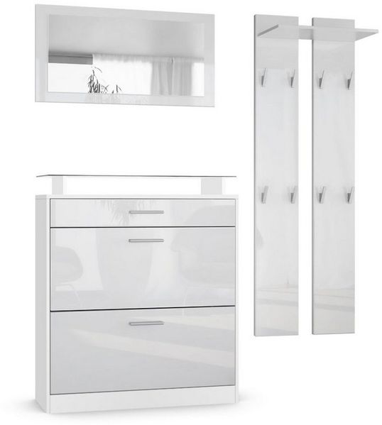 Vladon Garderobe Loret mini, Garderobenset bestehend aus 1 Schuhschrank, 1 Wandspiegel und 2 Garderobenpaneele, Weiß matt/Weiß Hochglanz