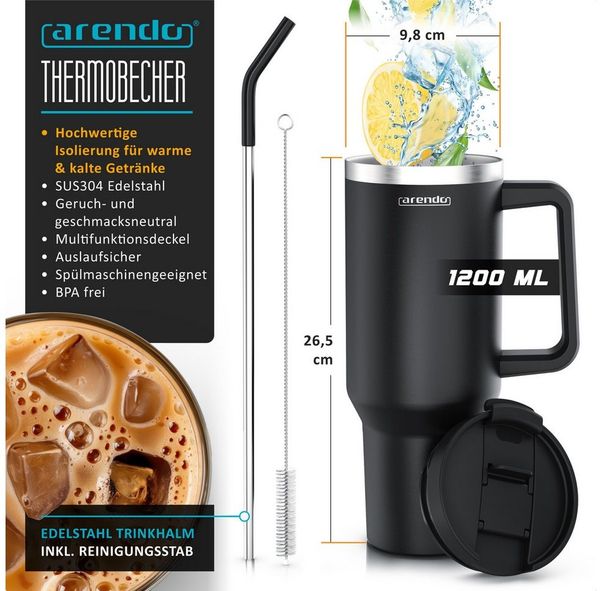 Arendo Thermobecher Thermal Mug 1200 ml, Tumbler, Becher mit Deckel, Henkel und Strohhalm, 1-tlg, Edelstahl, doppelwandig, Vakuumgehäuse aus Edelstahl, luftdichter Verschluss