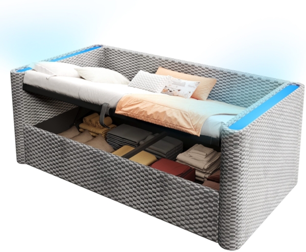 Schlafsofa mit Bettfunktion, Stauraum und LED-Beleuchtung 90x200 cm, Polsterbett, Jugendbett, Einzelbett, Samt