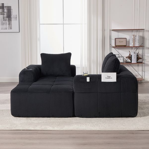 Sofa Sitzfläche 253x158x61 cm, Cordstoff Schwarz – kompakt, modulares DIY-System mit Becherhalter