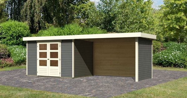 Gartenhaus Askola 4 - 302x217 cm plus Anbaudach 2,80m mit Wänden, 19 mm terragrau, Karibu