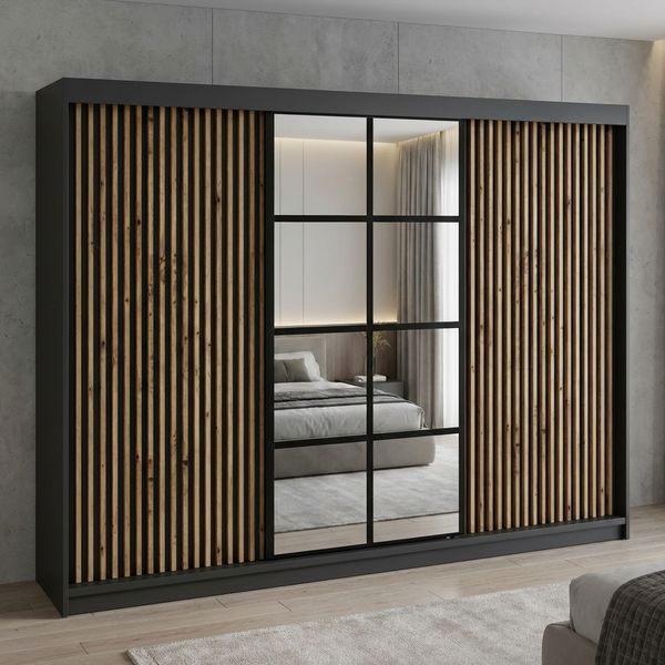Schwebetürenschrank NORIVO 2-türig Schrank 200 cm (mit Spiegel) Farbe: Schwarz,Schwarz,Schwarz,Schwarz