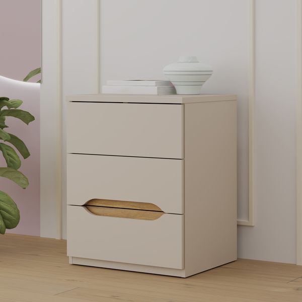 Forte EDWAL Nachttisch 50, moderner Nachtschrank mit abgerundeten Griffmulden, 3 Schubladen, Holzwerkstoff, Kaschmir | Beige Holzdekor, 50,4 cm breit x 63,5 cm hoch x 41,5 cm tief