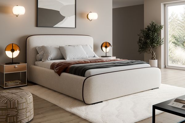 MEBLINI Polsterbett 140x200 mit Stauraum, Lattenrost und Bettkasten - Elfenbeinfarbe Webstoff/H3 Matratze - BELLION - Kopfteil Bett mit Stauraum - Doppelbett - Stauraumbett - Betten