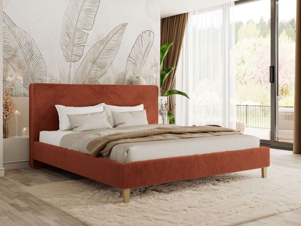 Design Polsterbett LUMARO CLASSIC 180 x 200 cm mit Lattenrost & 12cm hohen Füßen, Doppelbett mit Kopfteil, Konfigurierbar - Orange Plüsch