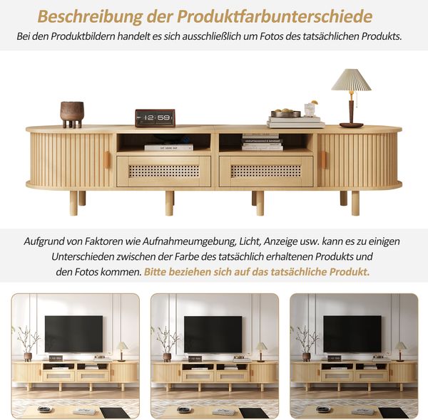 TV-Schrank 170 cm Ovale TV-Bank mit Rattanoptik Schubladen Schiebetüren Lowboard Holzlook Wohnzimmer Kompakter Retro-Stil 8 Beine Bild 7