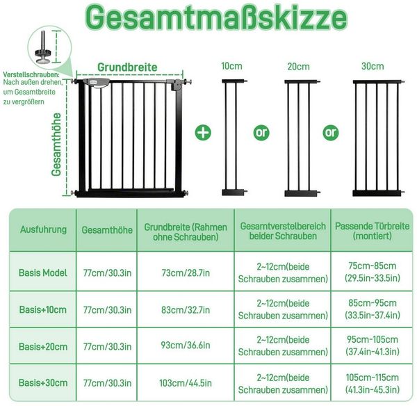 FIVMEN Treppenschutzgitter Türschutzgitter Treppengitter ohne bohren für Kindersicherheit, 76cm Hoch Weiß/Schwarz aus Metall