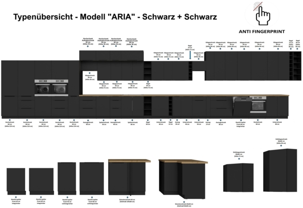 Küchen Unterschrank Schrankauszug 15 cm Küche ARIA Schwarz ultra matt + Schwarz matt, hochwertige Fronten mit Anti Fingerprint Beschichtung Küchenzeile Küchenblock Bild 5