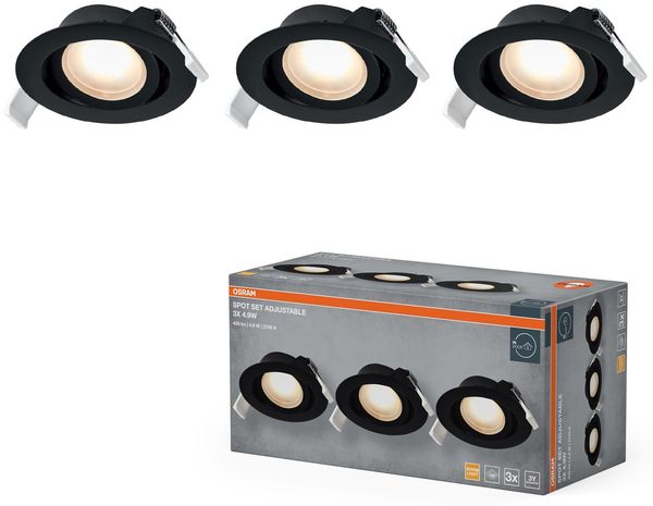Osram Spot Set LED Einbaustrahler, 4,9W, 190lm, 2700K, Ø90mm Deckenspot, 120°, Schwarz, schwenkbar, 3er-Set