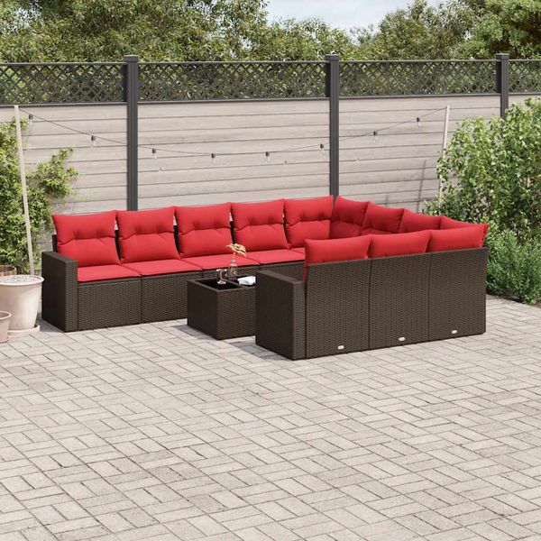 vidaXL 11-tlg. Garten-Sofagarnitur mit Kissen Braun Poly Rattan 3219494