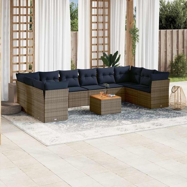 vidaXL 11-tlg. Garten-Sofagarnitur mit Kissen Grau Poly Rattan 3256166