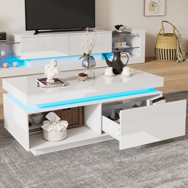 Couchtisch 100 x 50 x 40,3 cm mit LED-Beleuchtung, Hochglanz in Weiß, 1 Schublade