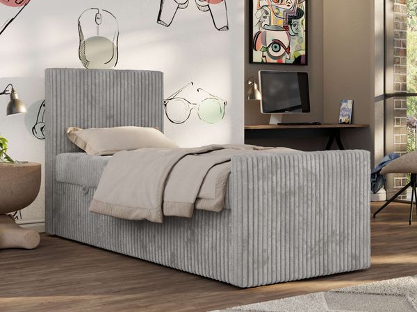 Boxspringbett 90x200 TILIO DUO inkl. Bettkasten & 7-Zonen Multipocket-Matratze, Modernes Jugendbett, Einzelbett - Hellgrau Cord - H4 - Links