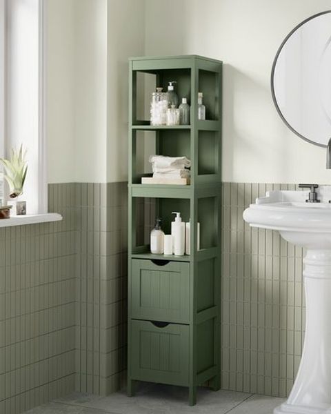 VASAGLE Badezimmerschrank, Schrank freistehend, Badezimmermöbel, mit 2 Schubladen, offenen Fächern, für Badezimmer, Wohnzimmer, Küche, modern, 30 x 30 x 141,5 cm