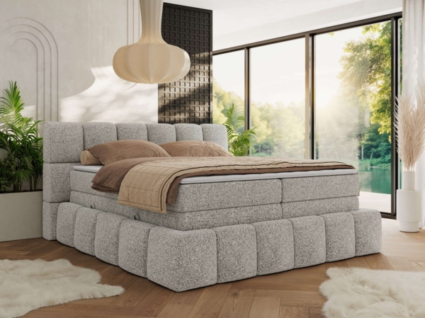 Boxspringbett NIRA KING, Doppelbett mit Fußteil, 7-Zonen Multipocket-Matratzen und Topper, Schlafzimmerbett - 120 x 200 cm - Hellgrau Struktur - H4 Bild 1