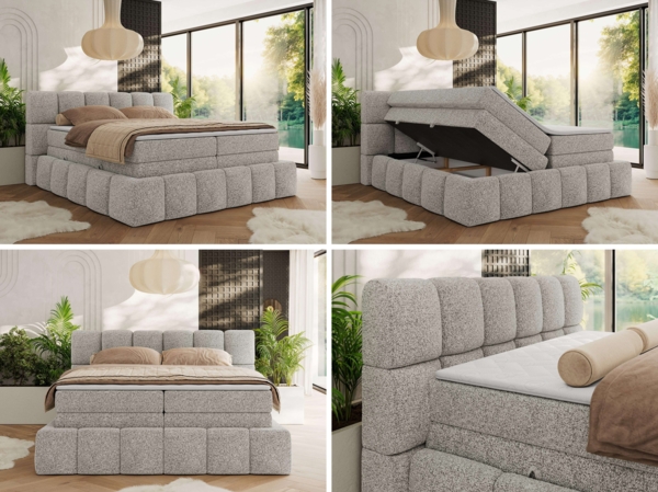 Boxspringbett NIRA KING, Doppelbett mit Fußteil, 7-Zonen Multipocket-Matratzen und Topper, Schlafzimmerbett - 120 x 200 cm - Hellgrau Struktur - H4 Bild 2