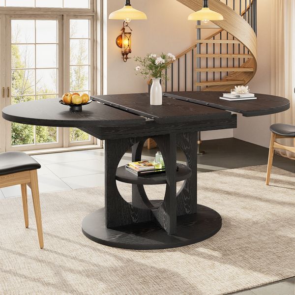 Esstisch Ausziehbarer 110-150×110×76 cm aus MDF und Metall mit mittlerem Ablageregal, schwarz