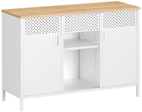 SONGMICS Aufbewahrungsschrank, Metallschrank, Schrank mit Doppeltür, Sideboard, Magnetverschluss, verstellbare Einlegeböden, Stahlgestell, mattweiß-eichenbeige