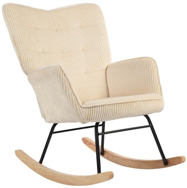 Schaukelstuhl aus Cord mit Holzarmlehnen, Relaxsessel für Wohnzimmer und Schlafzimmer, Beige, 101 x 98 x 71 cm