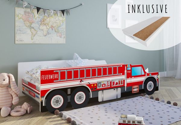 Kids Collective 'Feuerwehr' Autobett 80x160 cm, mit Matratze, Rausfallschutz und Lattenrost