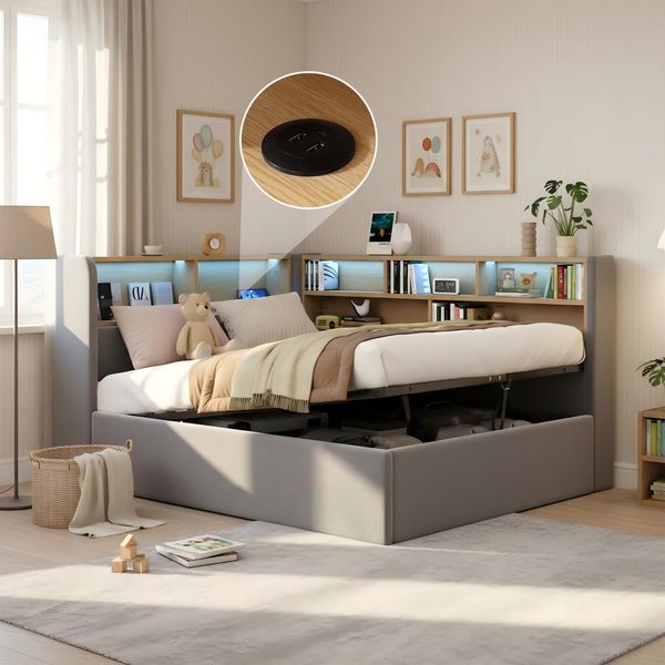Merax Einzelbett 90x200 cm Polsterbett, Daybett mit hydraulischem Stauraum, Tagesbett, Schlafsofa mit LED, USB & Rückenlehne, Samt, grau