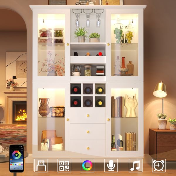 Merax Küchenschränke, Weinschrank mit App-gesteuerter LED-Beleuchtung, 180,5x120x40cm, 3 Schubladen, Weinglas- & Flaschenhalter, Weiß