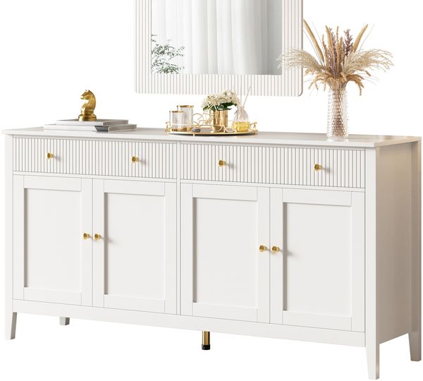 Stilvoller weißer Esszimmer Sideboard mit 2 Schubladen und 4 Türen – Elegantes Buffet für Küche, Esszimmer & Wohnzimmer mit goldenen Griffen und großzügigem Stauraum Bild 4