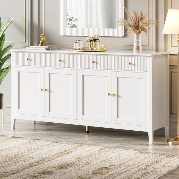 Stilvoller weißer Esszimmer Sideboard mit 2 Schubladen und 4 Türen – Elegantes Buffet für Küche, Esszimmer & Wohnzimmer mit goldenen Griffen und großzügigem Stauraum